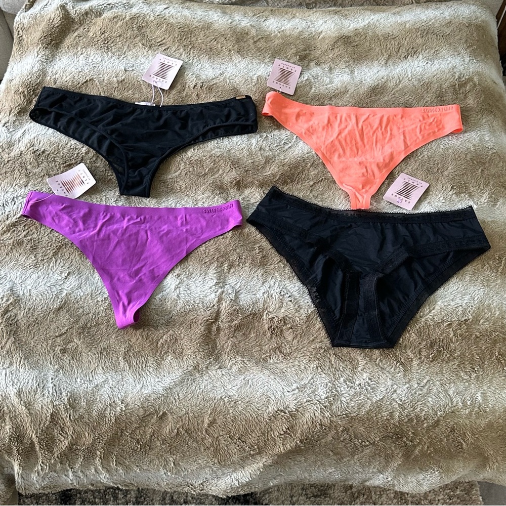 SET OF 4 NEW Savage X Fenty Black Coral Purple Panties Thong Intimates Underwear